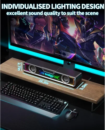 Vista 3 de [Usado] Smalody Altavoz de computadora de escritorio, altavoces inalámbricos de barra de sonido Bluetooth para PC, con cable USB potentes altavoces