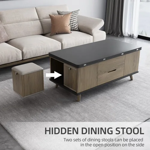 Vista 8 de Mesa de centro elevable con 4 taburetes de poliuretano, mesa de centro clásica de color negro con contraste marrón que se convierte en mesa