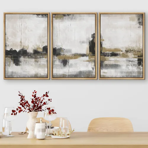 Vista 431 de SIGNFORD - Set de obras de arte en lienzo enmarcado para pared, ilustraciones abstractas de neblina del desierto en tonos neutros beige y marrón