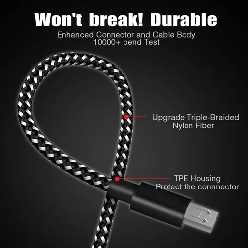 Vista 6 de Paquete de 3 cables de carga para controlador PS4 de 10 pies Cable de carga de nailon trenzado micro USB de alta velocidad compatible