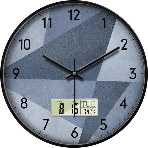 Vista 10 de Reloj de pared industrial SCOAGE con día, semana, temperatura en gris azulado, relojes digitales sin tictac de gran pantalla, relojes de pared