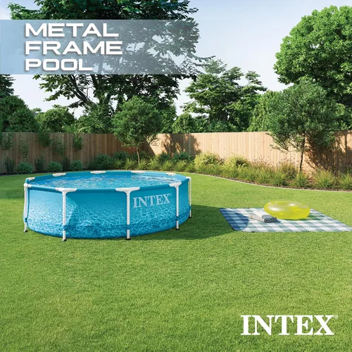 Vista 3 de Intex 28206EH Piscina grande redonda sobre el suelo con paredes laterales reforzadas y marco de metal para patio trasero o uso al aire libre, 10