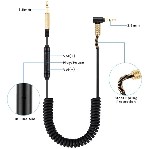Vista 6 de weishan Studio3 - Cable de audio en espiral para auriculares inalámbricos Beats Studio Pro / Studio3 / Solo4 / Solo3, micrófono en línea de 0.138 in