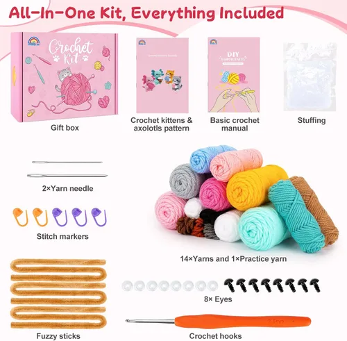 Vista 3 de Kit de ganchillo para principiantes, kit de ganchillo para gatos Axolotls Familia de ajolotes y gatos