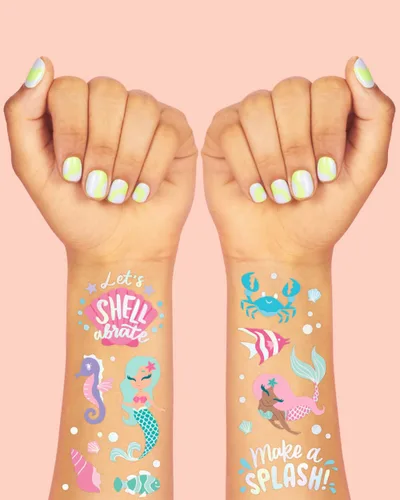 Vista 3 de xo, Fetti Tatuajes temporales de sirena bajo el mar, 56 estilos de aluminio iridiscentes, suministros para fiestas de cumpleaños para niños