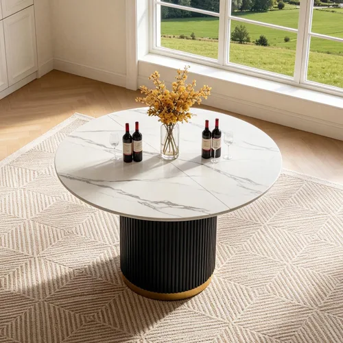 Vista 7 de SSLine 41.3 in Round Sintered Stone Dining Table for 4 Fluted Pedestal Base
