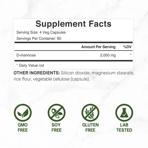 Vista 2 de DEAL SUPPLEMENT D Mannose 500mg Cápsulas (2,000 mg por porción), 240 pastillas vegetarianas – Forma soluble en agua de acción rápida – Apoyo