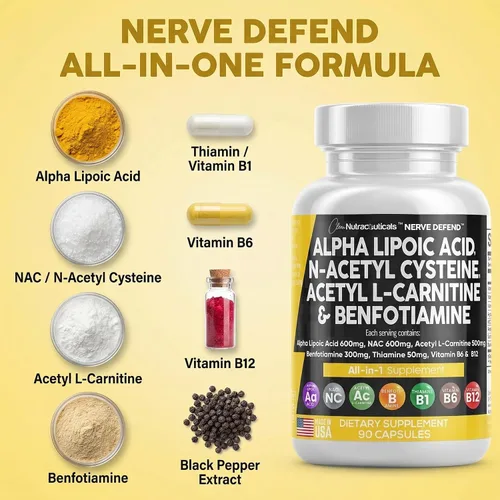 Vista 4 de Ácido alfa lipoico 600 mg N-acetil cisteína 600 mg acetil L-carnitina 500 mg Benfotiamina 300 mg - Suplemento de apoyo nervioso para mujeres