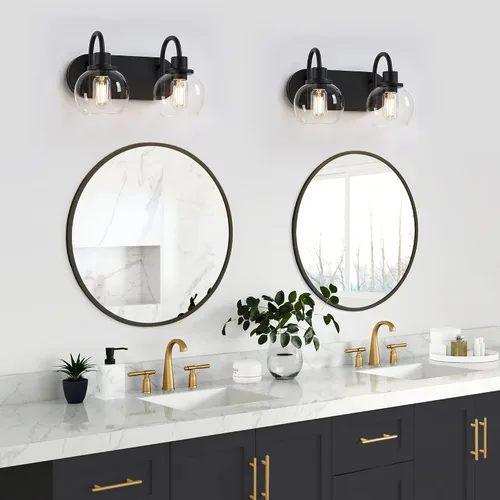 Vista 5 de Dpyrrhic Moderna lámpara de tocador de 2 luces, accesorio de iluminación de baño sobre espejo con pantalla de vidrio transparente y base de metal