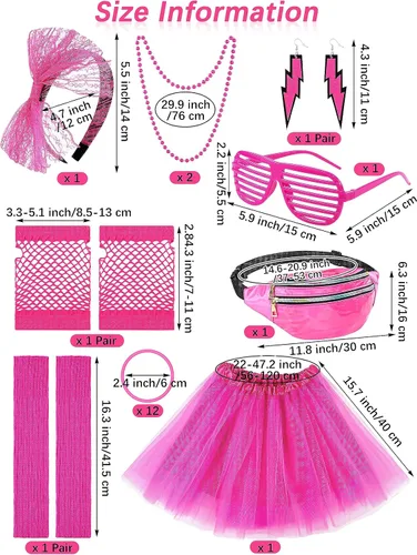 Vista 3 de 24 piezas de Halloween 80 para mujer, disfraz de red de neón, falda tutú, pantalones, bolsa de cintura, anteojos, diadema, aretes, calentador