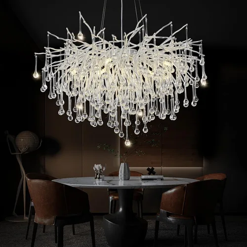 Vista 11 de Candelabro de cristal negro de 23.6 pulgadas, moderno colgante de techo de flores, iluminación colgante de rama de árbol, gota de lluvia, lámpara