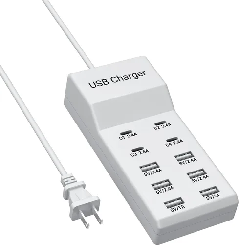 Vista 9 de Bloque de Cargador USB C de 10 Puertos (6 Puertos USB-A y 4 Puertos USB-C), Hub de Cargador Multipuerto de 50W10A para iPhone, Galaxy, iPad y Más