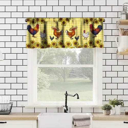 Vista 2 de Cenefa de ventana de gallo de Western Farm, pollo, girasol, retro, con estampado de cuadrícula de búfalo amarillo, bolsillo para barra, tratamientos