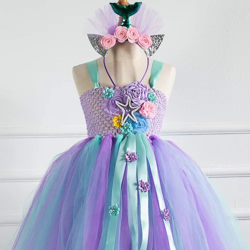 Vista 5 de Unicorniosirena tutú vestido para niñas Unicorniosirena con diadema cintura alta vestido de tul para fiesta 4T 6T 8T 10T