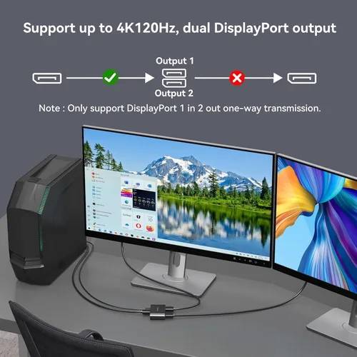 Vista 6 de Divisor DisplayPort a Dual Displayport 4K120Hz DP a DP dual para monitores duales compatible con pantalla espejada/extendida solo para Windows