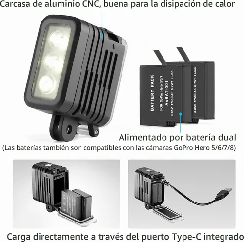 Vista 2 de SOONSUN Luz de buceo impermeable 450LM para GoPro Hero 13 12 11 10 9 Negro