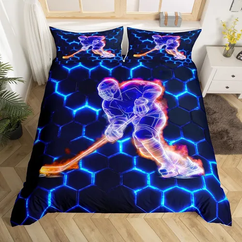 Vista 8 de Erosebridal Hockey Twin Duvet Cover for Boys,Blue and Black Sports Bedding Sets for Kids Teen,Ball Games Gamer Bed Set,Ice Hockey Field Quilt Cover