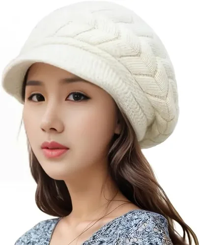 Vista 9 de XYX Gorro de lana para mujer, cálido, elástico, suave, con visera de punto, con visera