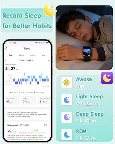 Vista 5 de Reloj inteligente para niños, reloj para niños sin necesidad de teléfono con monitor de frecuencia cardíaca y sueño, monitor de estrés y SpO2