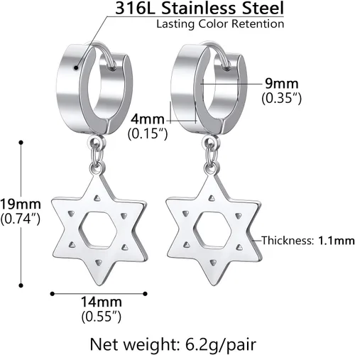 Vista 5 de Star of David Earrings for Men Women, Punk Jewelry, BlackGold Plated Stainless Steel, Hypoallergenic for Sensitive Ears, Come Gift Box