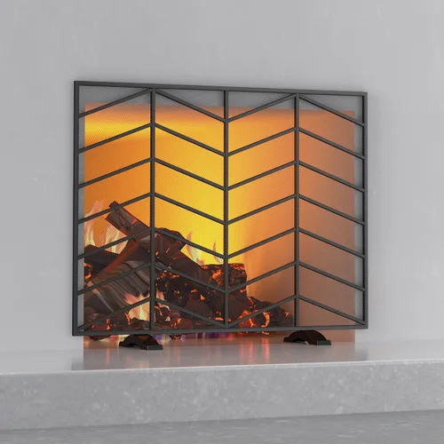 Vista 4 de Fire Beauty Panel único de chimenea de hierro forjado con malla de zigzag, protector contra chispas de fuego para sala de estar, decoración