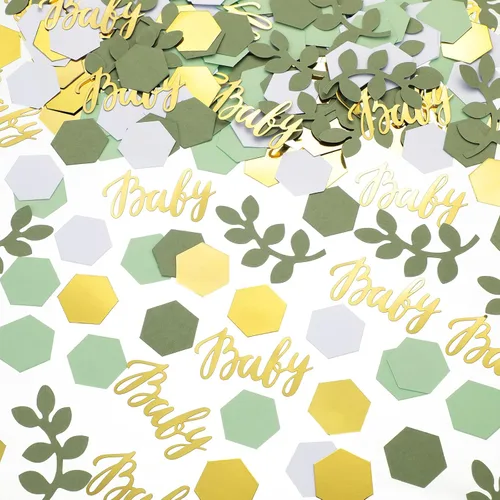 Vista 9 de 220 piezas de decoración de mesa de confeti para baby shower con eucalipto verde salvia dorado papel neutro de confeti disperso forma hexagonal