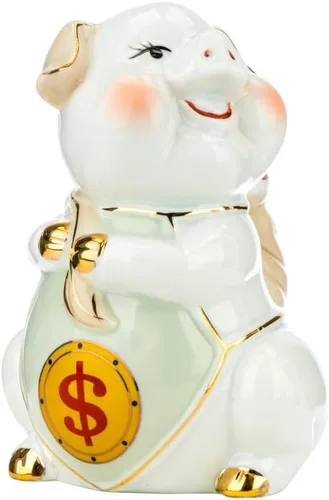 Vista 2 de P104, cerdo de porcelana de 6 pulgadas de alto con una bolsa de dinero, símbolo del zodiaco chino, estatuilla de esmalte de Feng Shui, figura