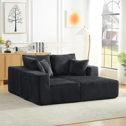Vista 6 de Sofá modular modular de 4 plazas con asiento profundo, sofá tapizado de pana en forma de L, no requiere montaje para juegos de muebles de sala
