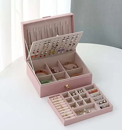 Vista 4 de ProttyLife Caja organizadora de joyas de 2 capas para mujer, organizador grande con cerradura para joyas, para aretes, anillos, collares (rosa nuevo)