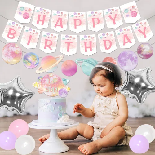 Vista 4 de Decoraciones de cumpleaños de primer viaje alrededor del sol, pancarta rosa para silla alta y decoración de pasteles, guirnalda de feliz cumpleaños