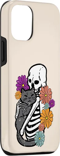 Vista 3 de iPhone 15 esqueleto abrazando flores de gato negro Halloween mujeres niñas caso