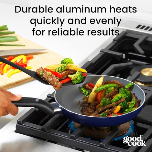Vista 5 de GoodCook Basics - Sartén de cerámica antiadherente de aluminio para calefacción uniforme, no tóxico, PTFE y PFOA, 8 pulgadas, azul