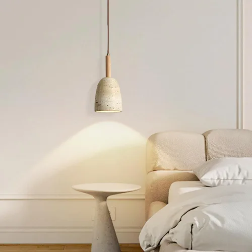 Vista 2 de Vintage Solid Wood Pendant Light Japanese Style Simple Bedside Hanging Lamp Modern Small Yellow Travertine Chandeliers for Kitchen Island Living