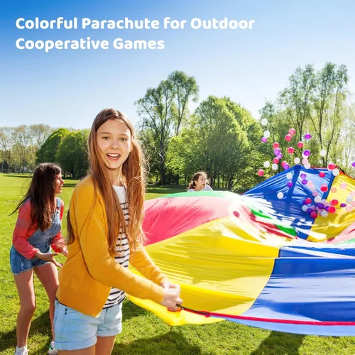 Vista 4 de BOSREROY Paracaídas colorido de 12 pies para niños con 12 asas, poliéster 210T, perfecto para actividades grupales en interiores y exteriores
