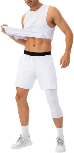 Vista 29 de Pantalones de compresión para hombre, mallas de compresión de una pierna para baloncesto, capri 3/4, leggings atléticos, capa base de secado fresco