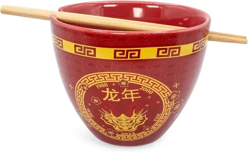 Vista 2 de Boom Trendz Year Of The Dragon - Juego de cerámica del zodiaco chino Incluye cuenco de fideos ramen de 16 onzas y palillos de madera, plato
