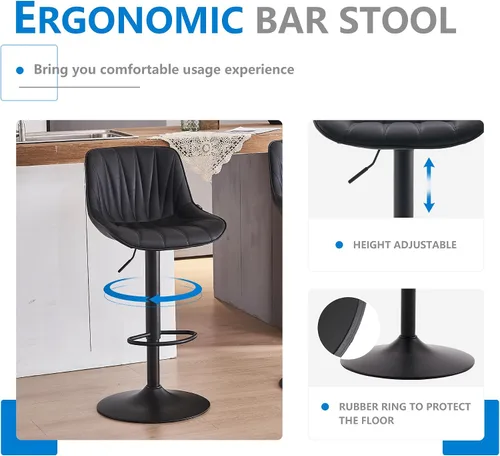 Vista 10 de YOUNIKE Juego de 2 taburetes de bar para isla de cocina, taburetes de bar altos giratorios negros, taburetes de bar ajustables con respaldo