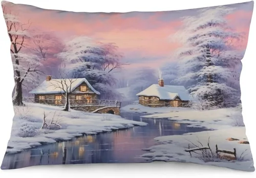 Vista 33 de Funda de almohada con escena de pueblo navideño con niños, fundas de almohada de 12 x 20 pulgadas, almohadas decorativas de Navidad para sofá, funda