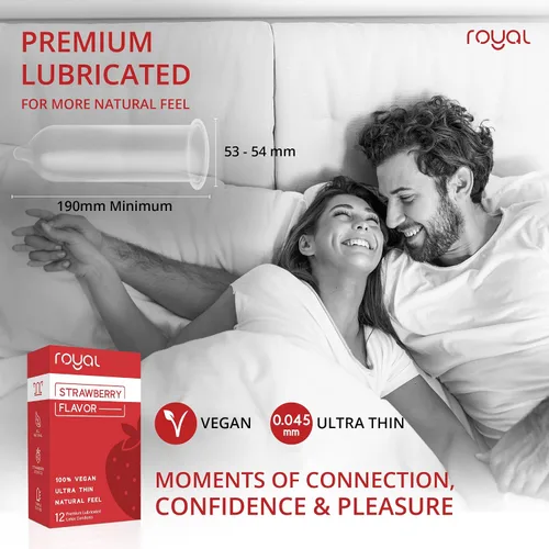 Vista 3 de Royal Preservativos de látex natural ultrafinos con sabor a fresa, lubricado de alta calidad, látex fuerte, no tóxico, orgánico, vegano, delgado