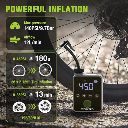Vista 3 de WORKPRO Mini bomba eléctrica de la bici, inflador portátil del neumático de 140 PSI Digital Gauge, Auto Shut-Off, 3 Inflation Modes, LED Light