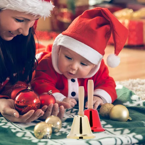 Vista 8 de 2 campanas de mano de Navidad, campanas de llamada ruidosas de metal, campanas de Papá Noel con mango de madera para servicio de Navidad, cena