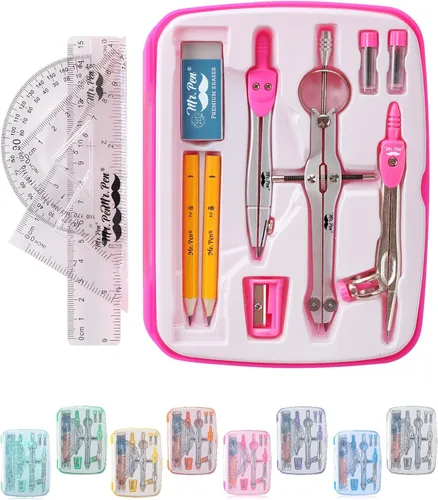 Vista 14 de Mr. Pen- Geometry Set, 13 pcs, 3 Metal Compasses, Protractor, 6" Ruler 45° & 30°/60° Set Squares, Pencils, Lead Refills, Sharpener & Eraser for
