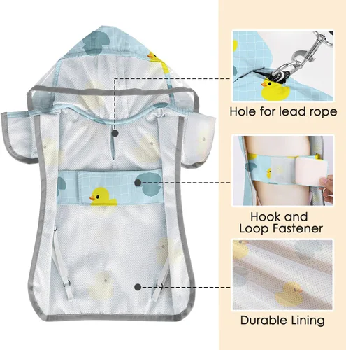 Vista 5 de SlowTon Chubasquero para perros, chaqueta de lluvia ajustable para perros con capucha transparente de doble capa, poncho impermeable con tiras