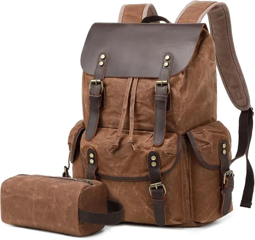Vista 12 de Wogarl Mochila de lona de cuero vintage, Verde militar, Mediana, Ocio