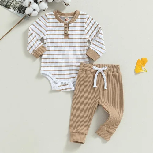 Vista 2 de Ropa de otoño e invierno para recién nacido, mameluco de manga larga de punto acanalado, pantalones largos de algodón, trajes para bebés