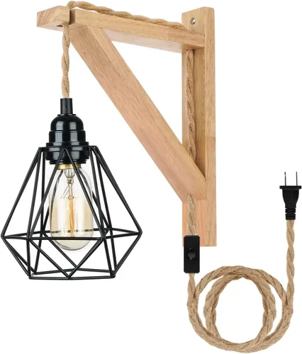 Vista 12 de Frideko - Juego de dos apliques de pared de madera enchufables, lámpara de pared rústica con cable de enchufe, accesorios de luz de pared