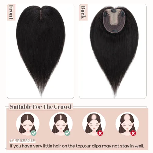 Vista 2 de Rich Choices Toppers de cabello humano real para mujer, sin flequillo, base de seda, clip, extensiones Remy para mujeres con cabello delgado, 14