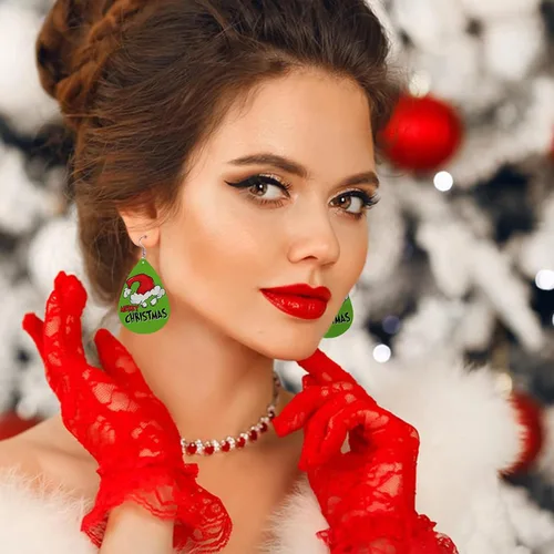 Vista 5 de Juego de 12 aretes de piel sintética de Feliz Navidad, aretes colgantes de lágrima de Navidad, joyería de moda a rayas negras y verdes, divertido