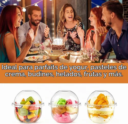 Vista 4 de Zezzxu Paquete de 50 Vasos de Postre de Plástico de 9 oz con Tapas de Cúpula (Sin Agujero) y Sporks, Vasos de Frutas Desechables Transparentes