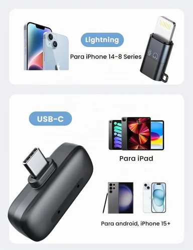 Vista 5 de Mini micrófono de solapa inalámbrico para iPhone y Android, micrófonos de clip dual con funda de carga de 30 horas, cancelación de ruido